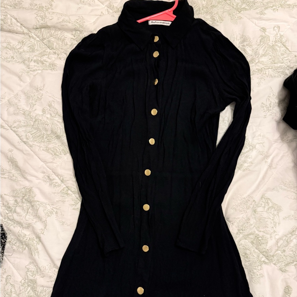 Reformation Black Long-Sleeve Button Midi Dress with Gold Buttons